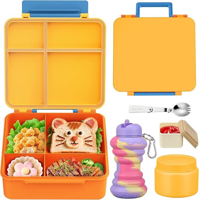 Bento Lunch Box for Kids with 9oz Soup Thermo, Leakproof Lunch Food Containers with 4 Compartment, Kids Thermo Hot Food Jar for School Travel