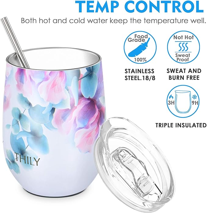 THILY Vacuum Insulated Stemless Wine Tumbler 12 oz Stainless Steel Wine Glass with Lid and Straw, Keep Cold or Hot for Coffee, Cocktails, Christmas Birthday Gift, 2 Pack(Green Plants + Pink Lilies)
