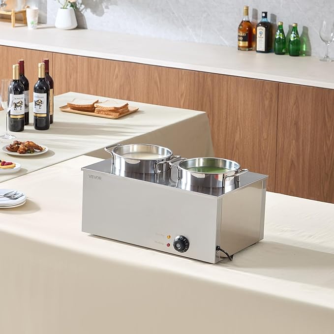 VEVOR Electric Soup Warmer, Two 6.34QT Stainless Steel Round Pot with 86~185°F Adjustable Temp, 1200W Commercial Bain Marie Compatible with Pans, Soup Station for Restaurant, Buffet