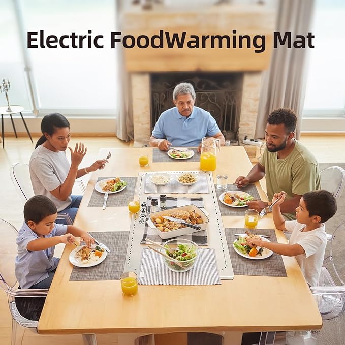 Food Warming Mat Electric Heating Tray for Buffets and Parties 3 Adjustable Temperature Settings from 40 to104 Degrees Fast Heating in 10 Seconds Child Safety Lock Easy to Clean (White)