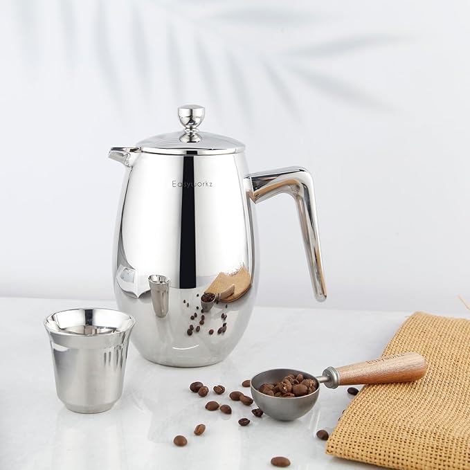 Easyworkz Nando French Press 12 oz Double Wall Insulated Thermal Coffee Maker,304 Stainless Steel Cafetiere