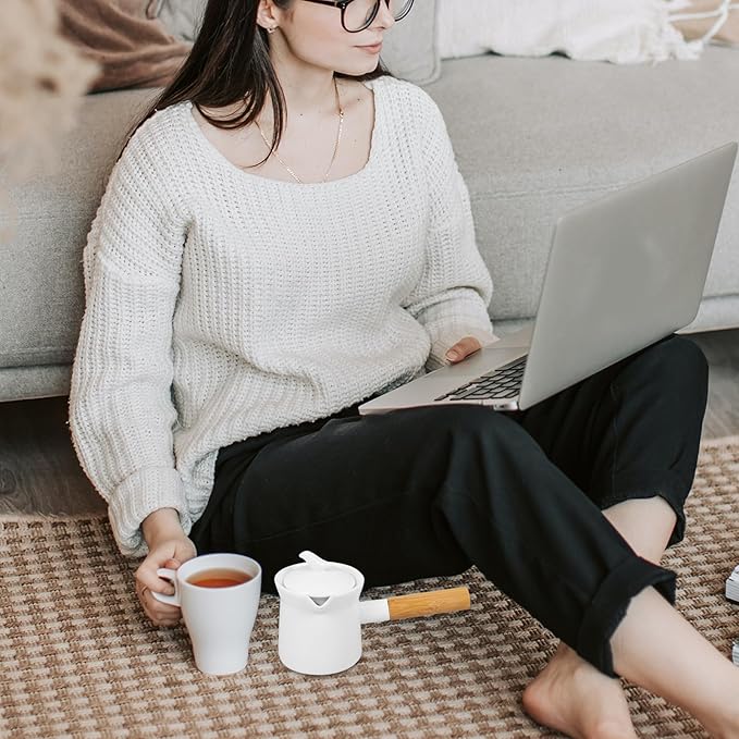 BESTonZON Ceramic Milk Warmer Pot 350ml Enamel Pan Non-stick Saucepan With Lid Porcelain Coffee Pot Food Bowl Butter Warmer With Wooden Handle for Heating Liquid Appetizer