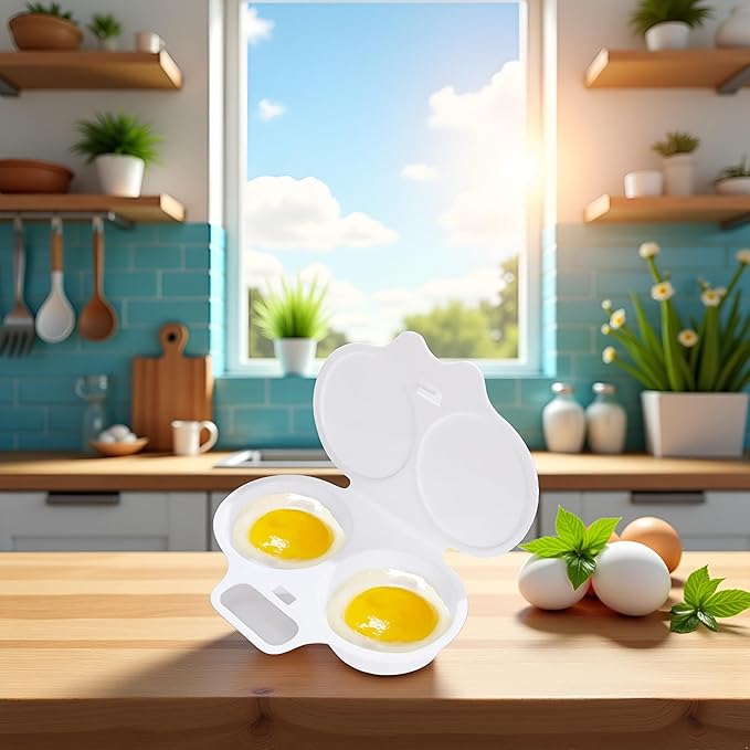 White Egg Poacher, Microwave Egg Boiler Poacher, 2 Cavity Nonstick Poached Egg Maker With Lid, Egg Poacher Microwave Egg Cooker