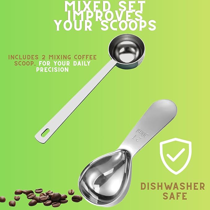 Coffee Scoop Set – 30ml Curved & 15ml Round Stainless Steel Measuring Spoons – Dual Design for Perfect Coffee Tea, & More – Ergonomically Balanced Handles