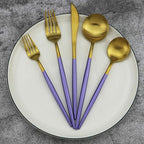 Gugrida 20-Piece 18/10 Stainless Steel Flatware Silverware, Luxury Dinnerware Set Travel Cutlery Tableware Include Knife Fork Spoon Service for 4, Dishwasher Safe (Purple Handle Matte Gold)