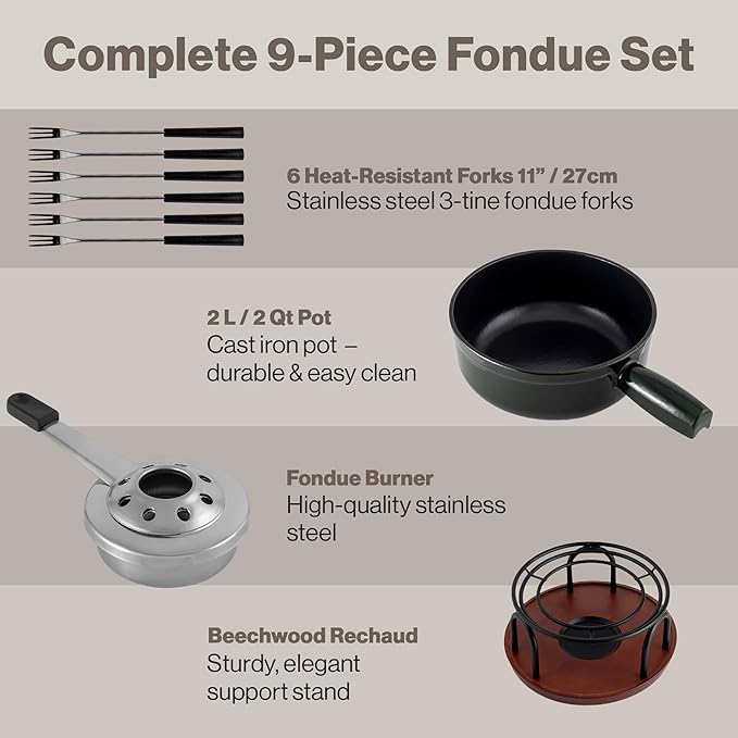 Swissmar Ticino Cast Iron Fondue Set with Enameled Interior, 2L / 2 QT – 9-Piece Cheese & Chocolate Fondue Pot with Forks, Burner & Beechwood Base – Perfect for Family Gatherings & Gift Giving – Green