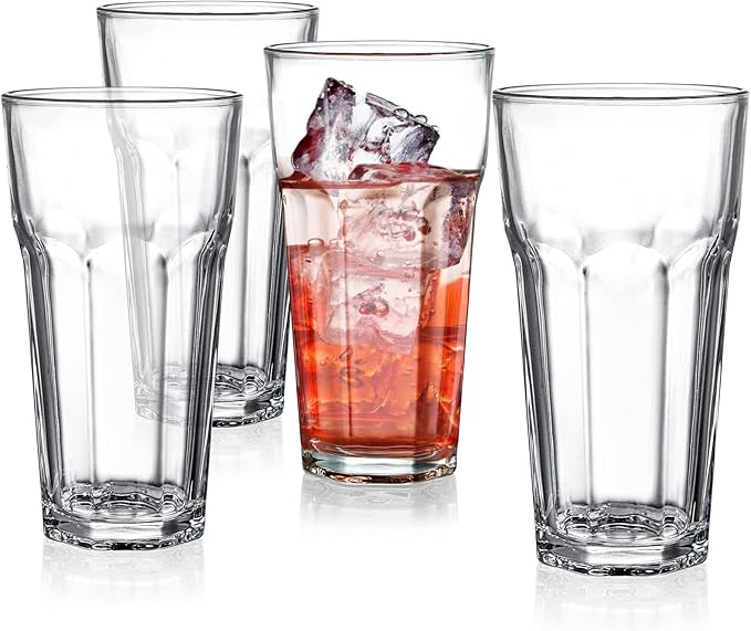 Yopay Set of 8 Highball Drinking Glasses, 12oz Lead-Free Tempered Water Glasses Thick Heavy Base, Clear Iced Hot Tea Glassware for Cocktail, Juice, Milkshake, Soda Beer Tumbler Cup