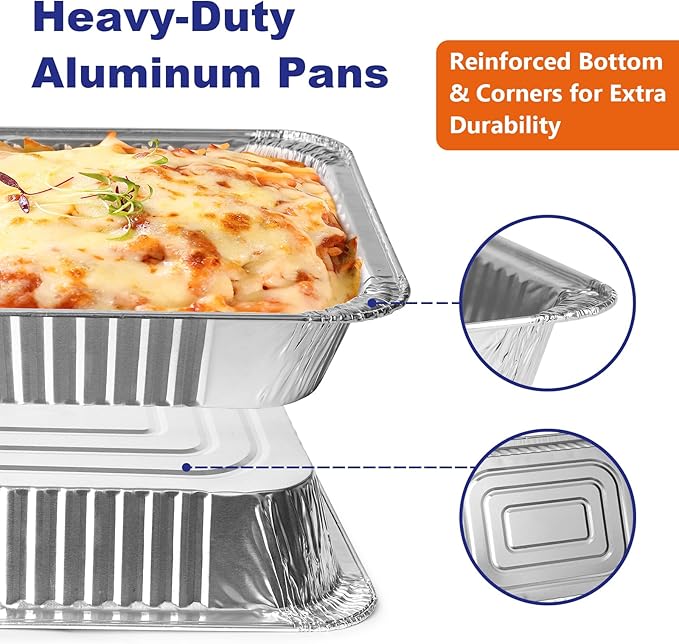 9x13 Aluminum Pans with Lids, 30 Pack Extra Heavy Duty Large Foil Pans, Disposable Aluminum Trays for Baking, Cooking, Roasting Turkey, Food Prepping