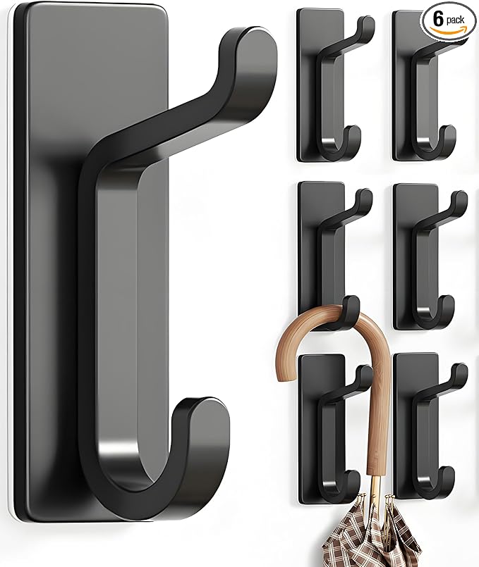 Wall Hooks for Coat and Towel: 13LB Adhesive Door Hanger Stick on, Black 6 Pack