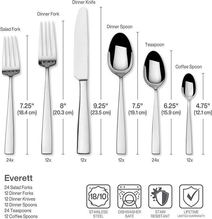 Mikasa Everett 101-Piece Flatware Set for 12, 18/10 Stainless Steel Cutlery with Complete Service and Serving Pieces, Sleek and Durable Design