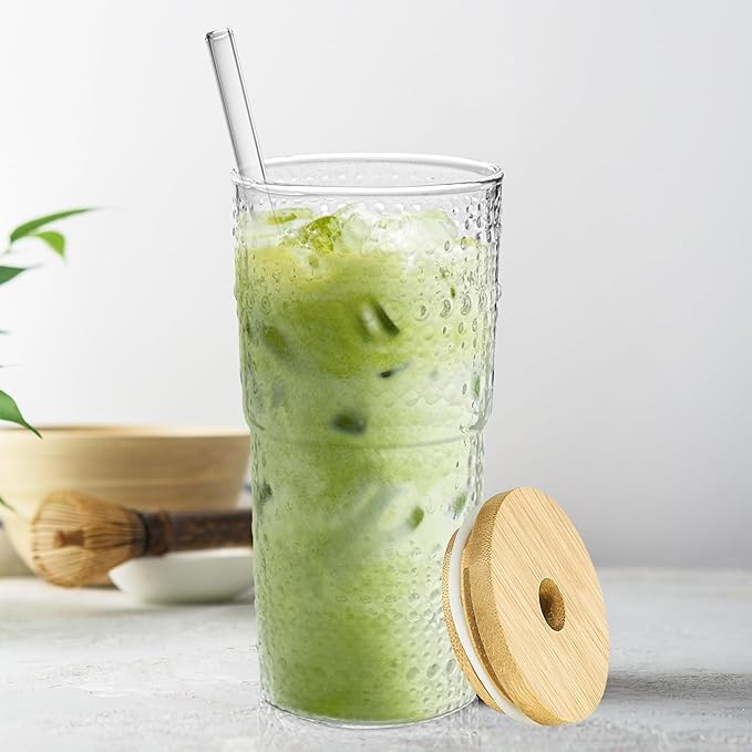 4 Pack 20oz Hobnail Drinking Glasses with Bamboo Lids and Glass Straw,High Borosilicate Glass Tumbler Cup Reusable Wide Mouth Smoothie Cups,Beer, Iced Coffee Glasses, Soda