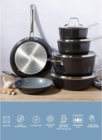 Sur La Table Kitchen Essentials Cool Commune Hard Anodized 10 Piece PFA Free Ceramic Non stick Interior Forged Durable Aluminum Pots and Pans Cookware Set - Black - Induction Compatible