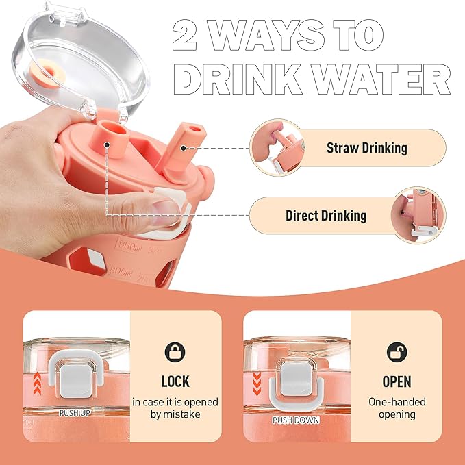 MUKOKO 32 oz Glass Tumbler with Straw,Glass Water Bottles with Time Marker,Iced Coffee Cup with Silicone Sleeve,Motivational Drinking Bottles,Leakproof-Coral Pink