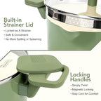 MICHELANGELO Pasta Pot with Strainer Lid - 6 Quart Cooking Pot with Lid, Non Stick Spaghetti Pot Ceramic Coated with Twist and Lock Handles for Easy Draining, Induction Compatible, Roden Green