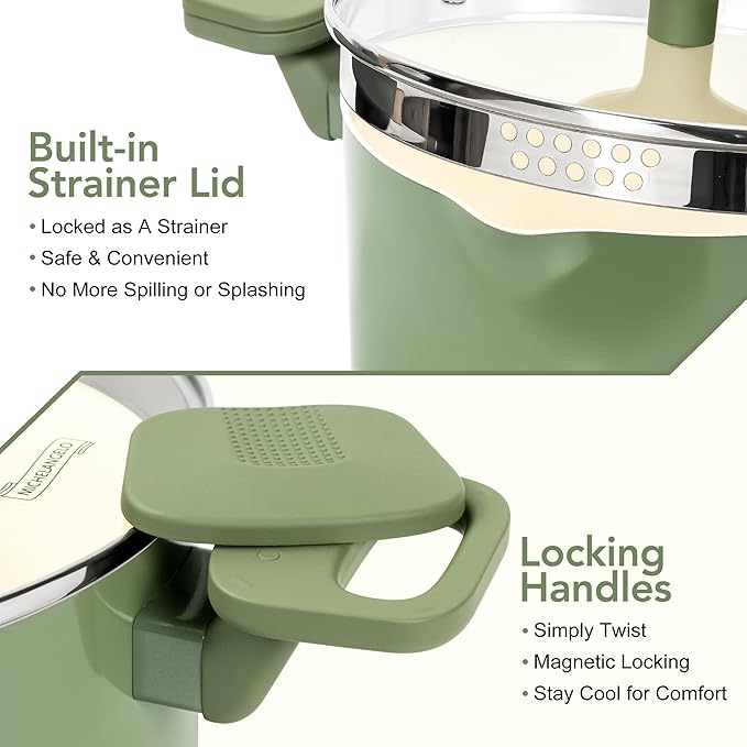 MICHELANGELO Pasta Pot with Strainer Lid - 6 Quart Cooking Pot with Lid, Non Stick Spaghetti Pot Ceramic Coated with Twist and Lock Handles for Easy Draining, Induction Compatible, Roden Green
