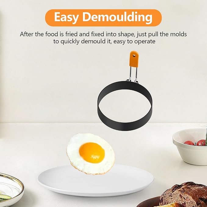 6 Pcs Professional Egg Ring Set, Non-stick Griddle Omelette Ring, Pancake Molds with Oil Brush,Stainless Fried Egg Molds with Orange Anti-scald Silicone Handle