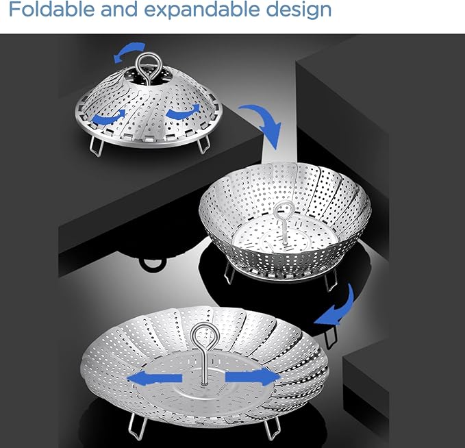 Vegetable Steamer Basket, 304 Stainless Steel Steamer for Cooking, Expendable Food Steamer to Fit Various Size Pot (6.4" to 10.2" + 7.3" Kitchen Tong)