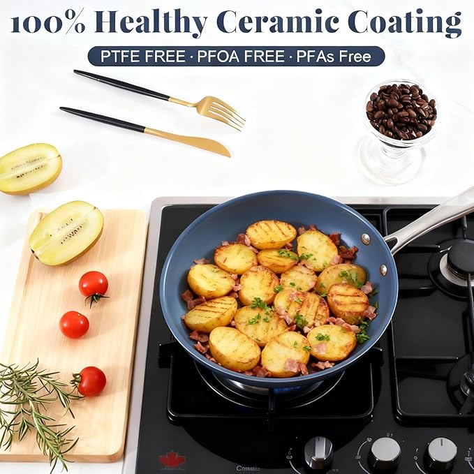 Stainless Steel Non Stick Frying Pan,10 Inch Healthy Non Toxic Ceramic Coating Cookware with Lid,Works on Induction, Electric Stove and Gas Cooktops,PTFE PFAS PFOA Free Skillet,Dishwasher&Oven Safe