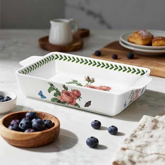 ACMLIFE Ceramic Casserole Dish for Oven, Floral Baking Dishes for Oven Lasagna Pan, Large Baking Dish with Handles, Durable and Oven Safe Pan, for Roasting and Baking, Gift Packaging 2 Pcs Set(13"x8"+10.3"x6.3") (Rose)