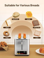 Touch Screen 2-Slice Toaster with 6 Browning Levels, Bagel, Defrost & Timer, Wide 1.5" Slots, Removable Crumb Tray, 900W Stainless Steel Smart Toaster for Bagels, Breads & Waffles