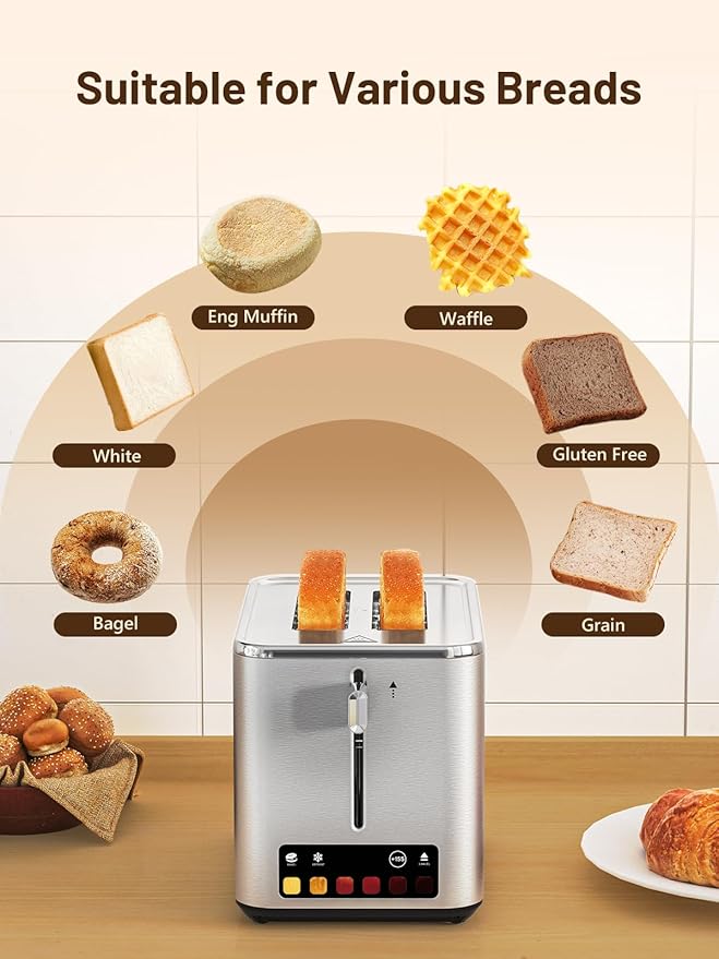 Touch Screen 2-Slice Toaster with 6 Browning Levels, Bagel, Defrost & Timer, Wide 1.5" Slots, Removable Crumb Tray, 900W Stainless Steel Smart Toaster for Bagels, Breads & Waffles
