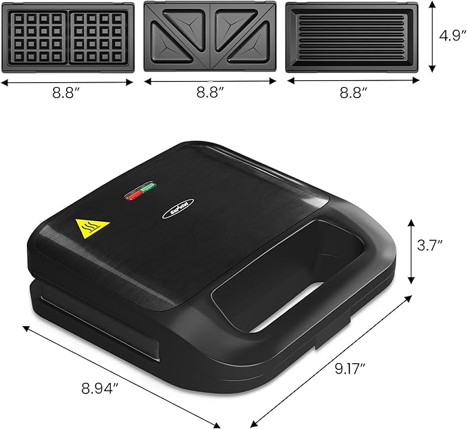 Sunvivi 3 in 1 Waffle, Grill & Sandwich Maker, Sandwich Maker Panini Press Waffle Iron Set with Removable Non-Stick Plates & Indicator Lights, Grill and Sandwich Press for Breakfast, 750W, Black