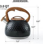 LONFFERY Tea Kettle for Stove Top, 3 Quart Whistling Tea Kettle, with Food Grade Stainless Steel and Wood Pattern Folding Handle, Black