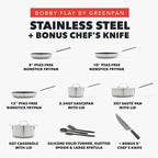 GreenPan x Bobby Flay Stainless Steel 12 Piece Cookware Pots and Pans Set and 8" Chef's Knife, Professional Grade Tri Ply, PFAS-Free Ceramic Nonstick, Induction Suitable, Dishwasher & Oven Safe