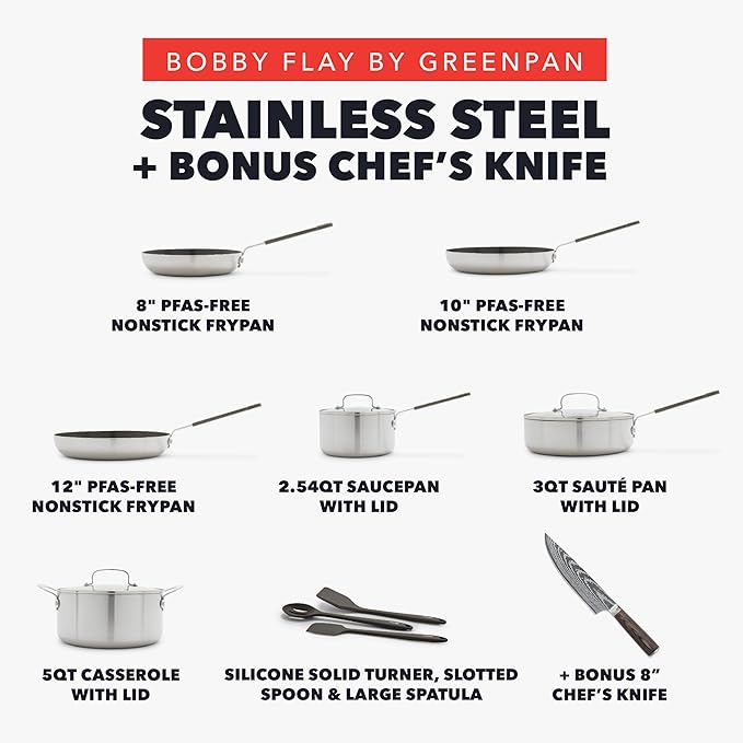 GreenPan x Bobby Flay Stainless Steel 12 Piece Cookware Pots and Pans Set and 8" Chef's Knife, Professional Grade Tri Ply, PFAS-Free Ceramic Nonstick, Induction Suitable, Dishwasher & Oven Safe
