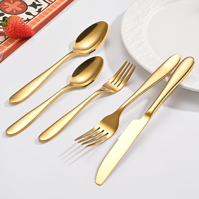 20-Piece Gold Silverware Set, Flatware Set for 4, Food-Grade Stainless Steel Tableware Cutlery Set, Mirror Finished Utensil Sets for Home Restaurant, Forks Spoons and Knives Set, Dishwasher Safe