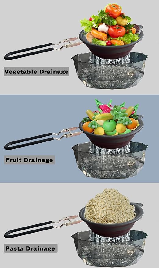 Silicone Collapsible Colander with Handle,Home/RV Kitchen Space Saving Silicone Colander,Drainage of Food,Vegetables,Fruits (Grey)