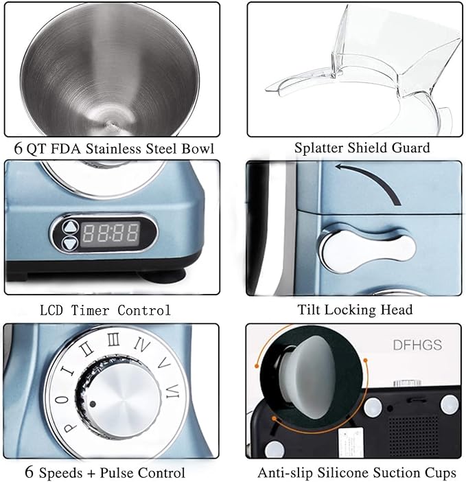 Professional Stand Mixer, 6-Qt with Timer, MK37 500W 6-Speed Tilt-Head Food Electric Mixer Kitchen Machine,Plastic (Silver Blue)
