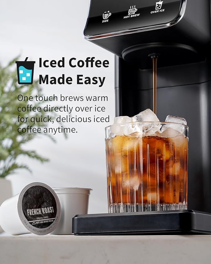 Single Serve Coffee Maker – Hot & Iced, K Cup & Ground Compatible, Reusable Pod Filter, 6–16oz Brew Sizes, 40oz Water Tank, Easy-to-Use, Black