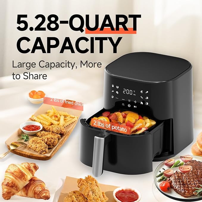 QIDO Air Fryer 8-in-1 with 5 QT Capacity,180°-450°F Precision Heating, Air Fry, Roast, Broil, Reheats, Dehydrates, Less Oil, Features Shake Reminder, Large Touch Display with Auto Menus, Compact Black