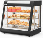 ROVSUN 26" Commercial Food Warmer Display Pizza Warmer, 3-Tier Electric Countertop Food Warmer w/LED Lighting, Adjustable Removable Shelves & Glass Door, Pretzel Warmer for Buffet Restaurant 1200W