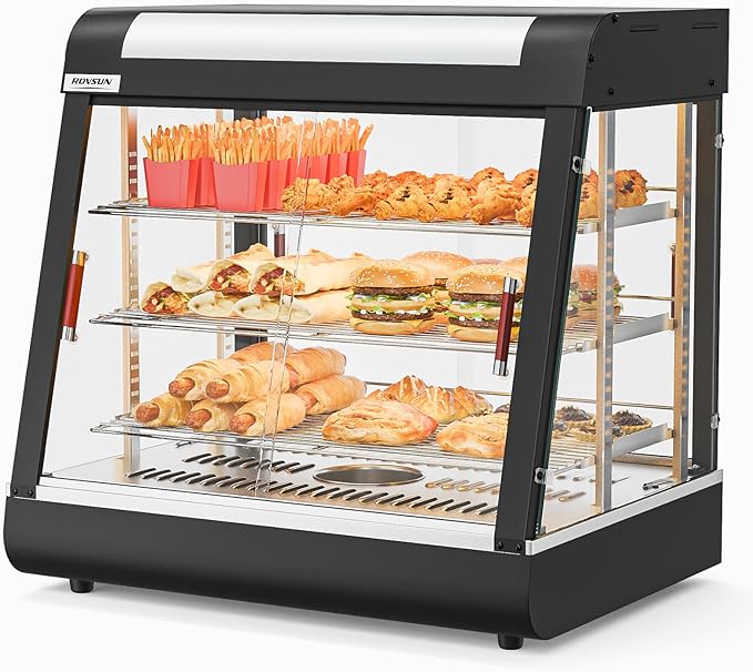 ROVSUN 26" Commercial Food Warmer Display Pizza Warmer, 3-Tier Electric Countertop Food Warmer w/LED Lighting, Adjustable Removable Shelves & Glass Door, Pretzel Warmer for Buffet Restaurant 1200W
