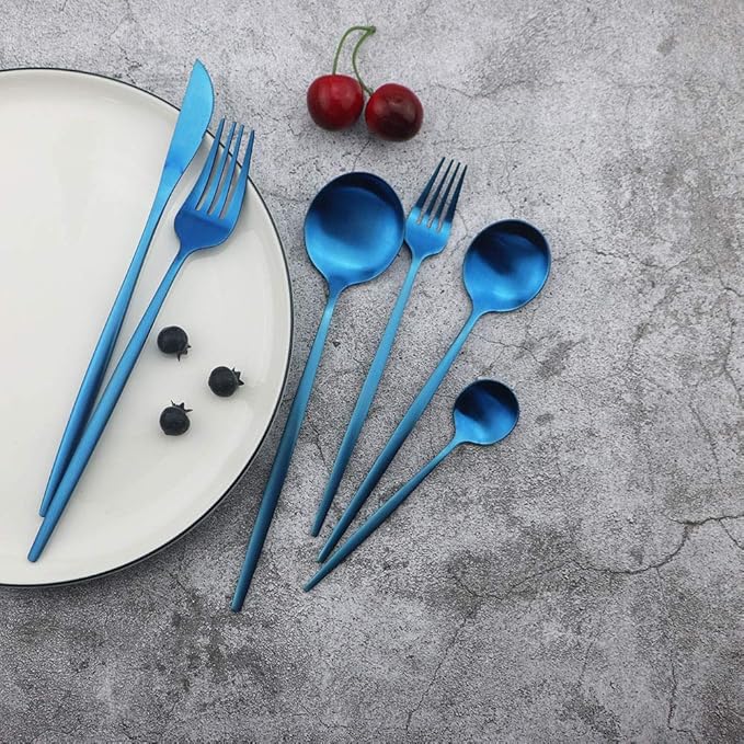 JASHII Silverware Set, 36 Piece Food Grade Stainless Steel Flatware Set Fork Spoon Knife Utensils for Daily Use and Party, Service for 6 Anti Rust, Safe in Dishwasher (Matte Blue)