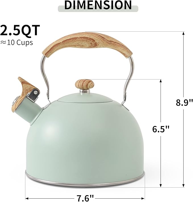 LONFFERY Tea Kettle for Stove Top, 2.5 Quart Whistling Tea Kettle, with Food Grade Stainless Steel and Wood Pattern Folding Handle, Turquoise