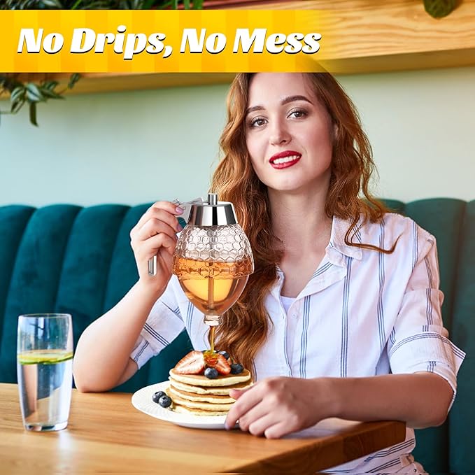 Honey Dispenser, 8oz Honey Dispenser No Drip Glass with Stand, Honey Container & Coffee Syrup Dispenser for Tea Time & Gifting, Elegant Honeycomb Honey Jar - Honey Pot Bottle for Maple Syrup Bee