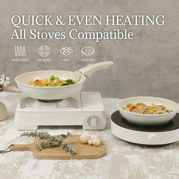 Ceramic Cookware Set Non Stick 8Pcs Pots and Pans Set Detachable Handle Induction Kitchen Cooking Set with Frying Pans Oven Dishwasher Safe, PFAS/PFOA Free, Cream White