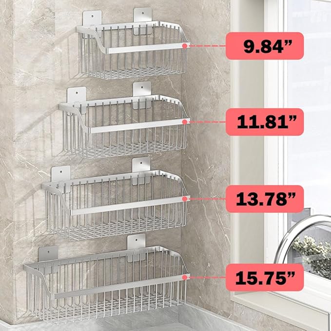 4 Set Hanging Wall Mount Storage Baskets, Multiuse Sturdy SUS304 Stainless Steel Organizing Baskets for Home Kitchen, Bathroom, Pantry Utility, Laundry Organizer,L15.75Inch, D 6.3Inch, H 4.75Inch