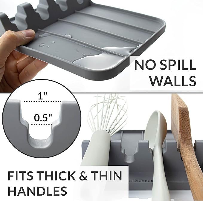Silicone Utensil Rest and Spoon Holder, Heat Resistant Kitchen Spoon Rest for Multiple Utensils, Dishwasher Safe Drip Pad for Spatulas, Tongs, Ladles, and Spoons (Cool Gray)