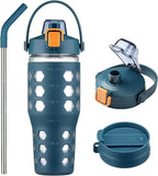 MUKOKO 32 oz Glass Tumbler with Straw,Glass Water Bottles with Time Marker,Iced Coffee Cup with 2 Lids-Handle Spout Lid&Straw Lid,Silicone Sleeve,Leakproof,1 Pack-Blue