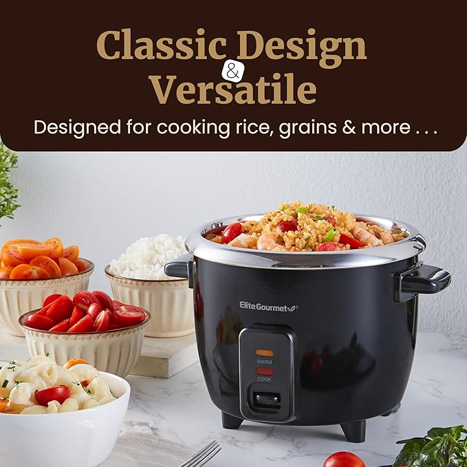 Elite Gourmet ERC006SS 6-Cup Electric Rice Cooker with 304 Surgical Grade Stainless Steel Inner Pot, Makes Soups, Stews, Porridges, Grains and Cereals, 6 cup (3 cups uncooked), Black