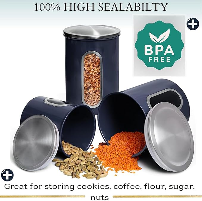 Mixpresso 3-Piece Blue Canisters Sets For The Kitchen, Airtight Canister Set With See Through Window, Storage Jars for Coffee Container, Tea Organizer & Sugar Canister, Blue Kitchen Canisters
