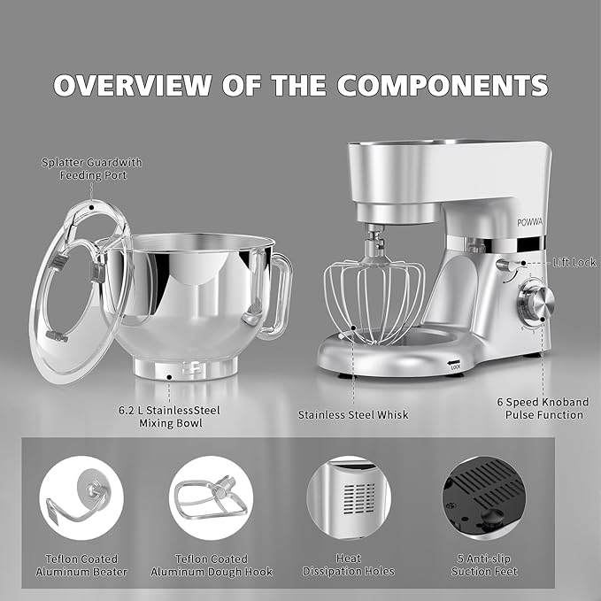 Stand Mixer, POWWA 7.5 Quart Electric Mixer, 6+1 Speed 660W Tilt-Head Kitchen Food Mixers with Whisk, Dough Hook, Mixing Beater & Splash Guard for Baking, Cake, Cookie (Silver-with Handle)