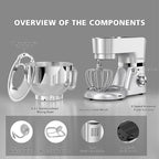 Stand Mixer, POWWA 7.5 Quart Electric Mixer, 6+1 Speed 660W Tilt-Head Kitchen Food Mixers with Whisk, Dough Hook, Mixing Beater & Splash Guard for Baking, Cake, Cookie (Silver-with Handle)