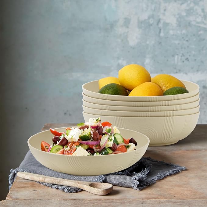 10inch Wheat Straw Big Bowls Set of 6 - Large Salad Bowls 65oz set of 6 - Unbreakable Serving Bowls Microwave & Dishwasher Safe for restaurant - Big Plastic Bowls for Cereal,Salad - Beige Series