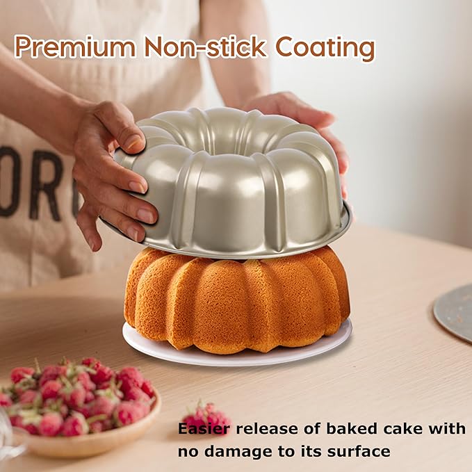 E-far 10 Inch Fluted Cake Pan, Nonstick Tube Pan for Baking Pound Cake, Heavy Duty Carbon Steel Round Baking Mold, Easy Release & Easy to Clean, 10 Cup, Champagne Gold