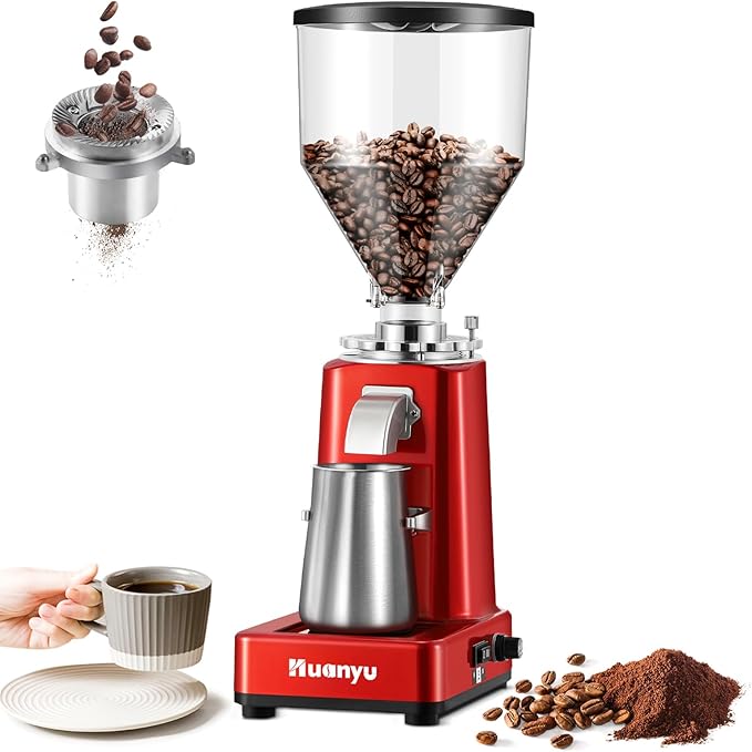 Huanyu Burr Coffee Grinder- Stainless Steel Flat Burr, 19 Precise Grind Settings, 35oz Capacity and Dual Dosing for Espresso, Hand Punch, French Press Red